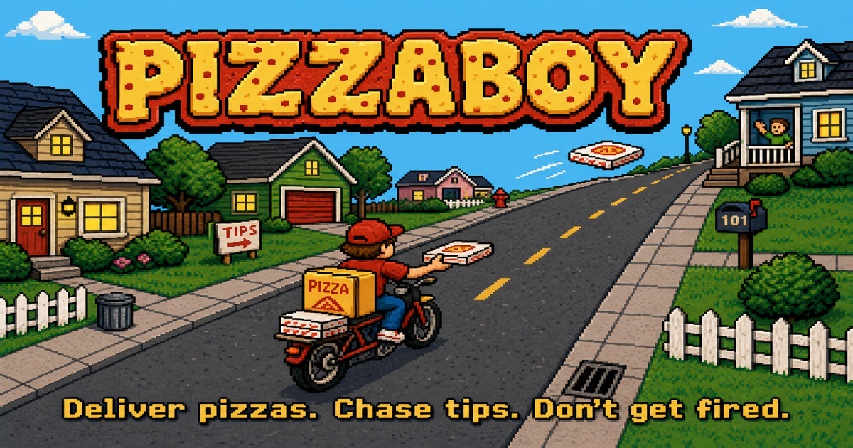PizzaBoy gameplay: ride the street and throw pizzas at customer porches